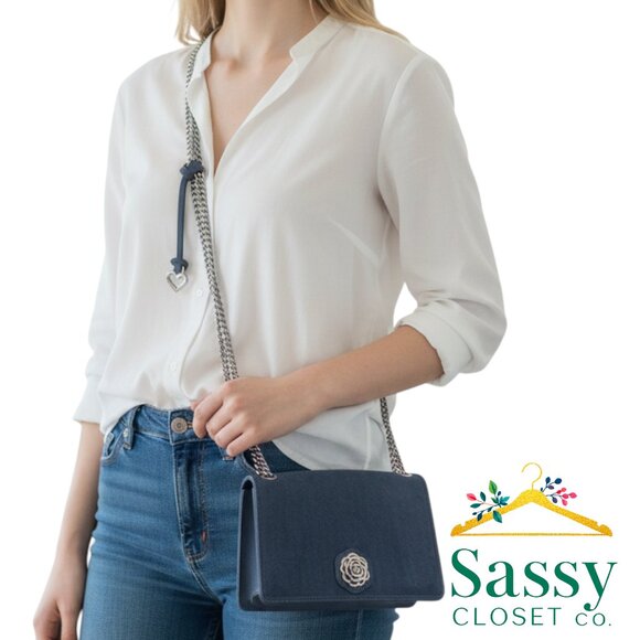 Brighton Mini Flap Crossbody Bag Deep Blue Silver Chain Medallion Compact OS - Picture 1 of 13